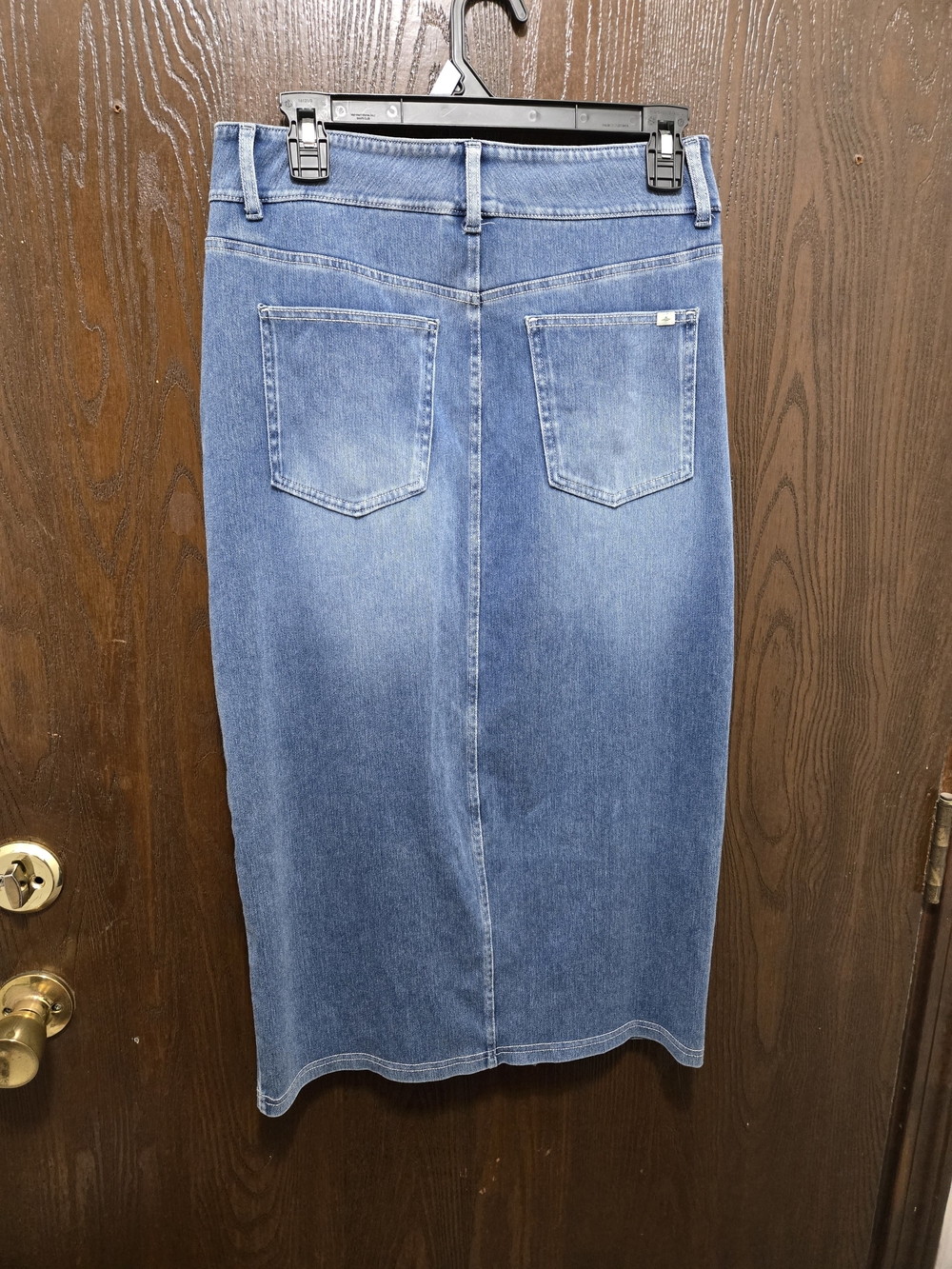HALARA Light Blue Denim Midi Skirt with Front Slit, Stretchy Material. - Picture 2 of 2